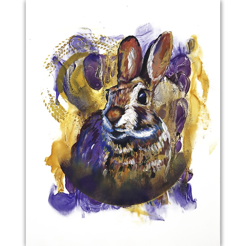 Painting of a bunny on an abstract background
