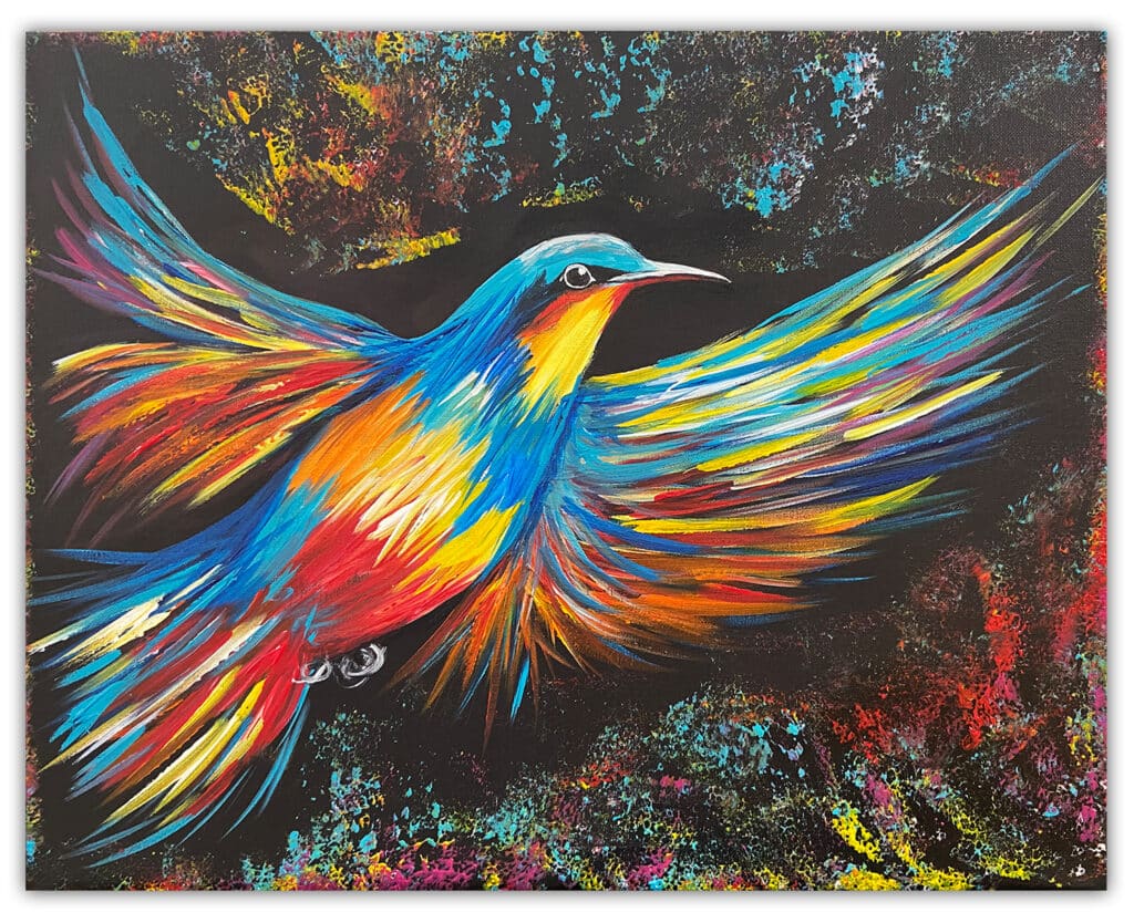Painting of a colorful abstract bird on a black background