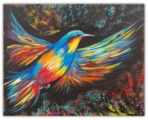 Painting of a colorful abstract bird on a black background