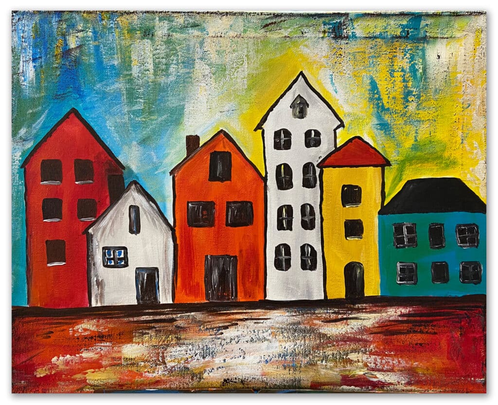 Class painting of whimsical buildings