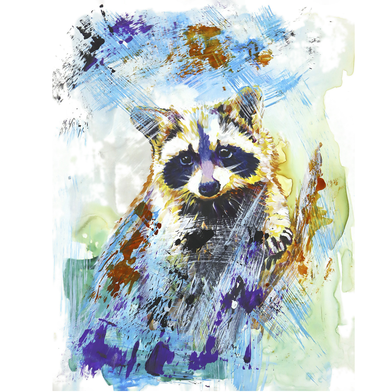 Semi-abstract painting of a raccoon.