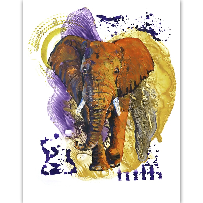 Painting of an elephant on an abstract background