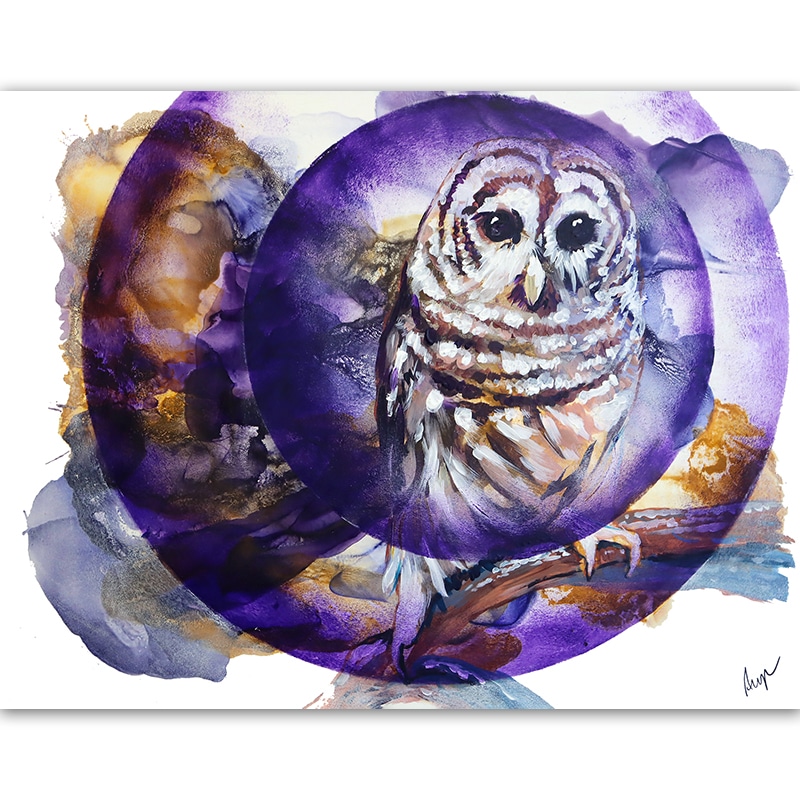 Painting of an owl on an abstract background