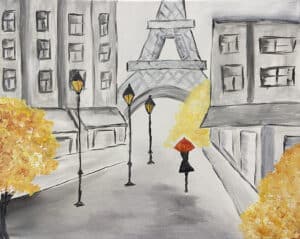 Impressionist painting of Paris street with Eiffel Tower in background