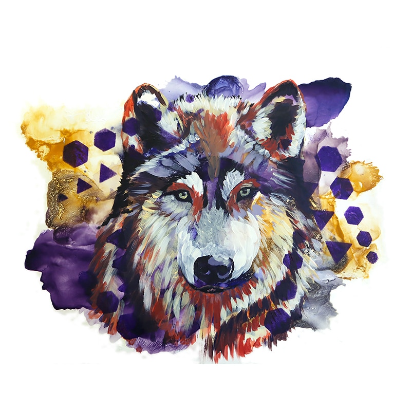 Painting of a wolf on an abstract background